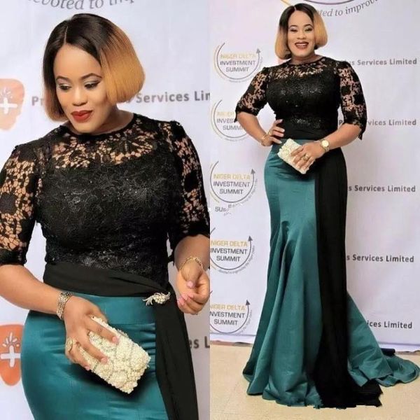 

formal celebrity dresses mermaid scoop half sleeves lace plus size long evening dresses famous red carpet, Black