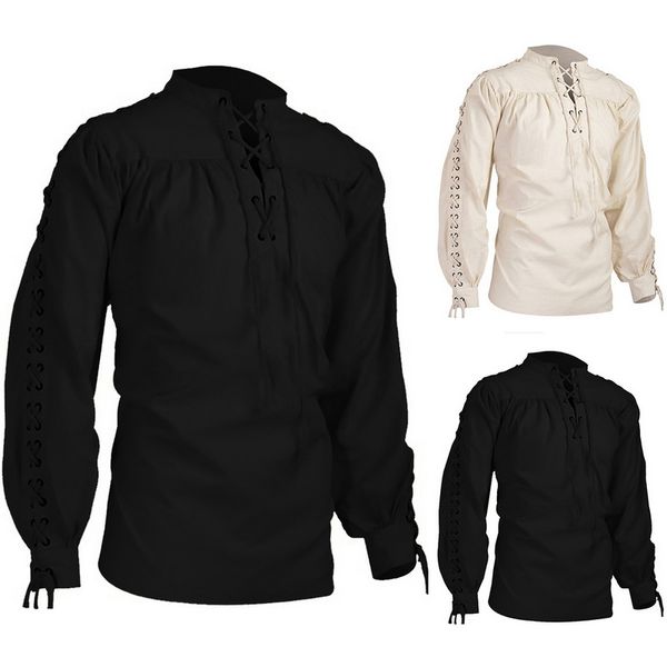 

2019 men's medieval pirate knight warrior clothing lace up renaissance chevalier braid viking saxon scottish shirt for men, White;black