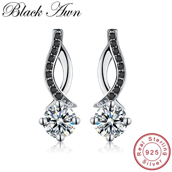 

black awn] genuine 925 sterling silver jewelry black spinel stone engagement stud earrings for women t014, Golden;silver