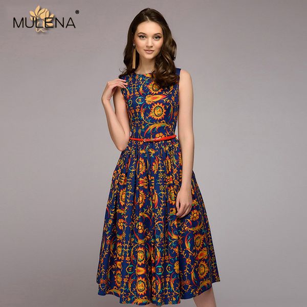 

vintage prints sleeveless mid length dress women elegant o neck office lady a line dresses summer fashion tank dresses female, Black;gray