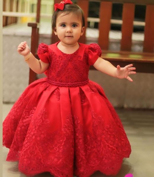 Vermelho pérolas de natal rendas meninas pageant vestidos appliqued vestido de baile flor menina vestido para casamento cetim primeira comunhão vestidos 326 326