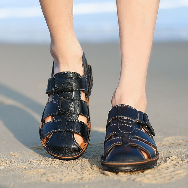 

quality close head mens sandals genuine leather summer 2019 breathable gladiator leather sandals men beach shoes black