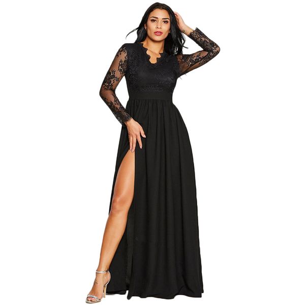 

women dress elegant roupas women deep v-neck lace evening party ball prom wedding robe longue femme vintage long dress#30, Black;gray