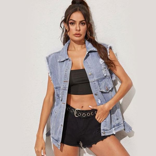 

women's vests 2021 women denim jacket faded ripped fitted vintage coat sleeveless hole coats and jackets, Black;white