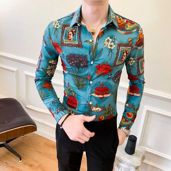 

korean tuxedo shirt fashion 2020 spring casual slim fit mens shirts long sleeve digital print night club dress shirts social men, White;black