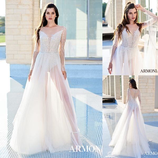 

bohemian tmarmonia a line wedding dresses jewel neck long sleeve tulle lace sequins button wedding gowns sweep train robe de mariÃ©e, White