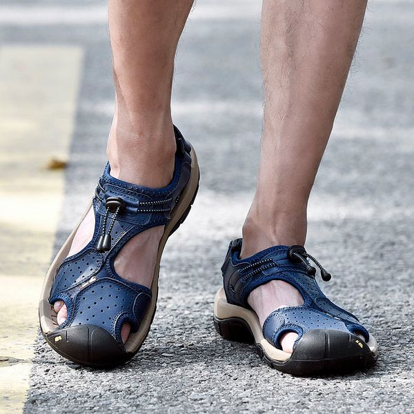 

2019 new men's leather sandals casual summer breathable shoes for beach athletics walking hiking men shoes chaussure homme, Black