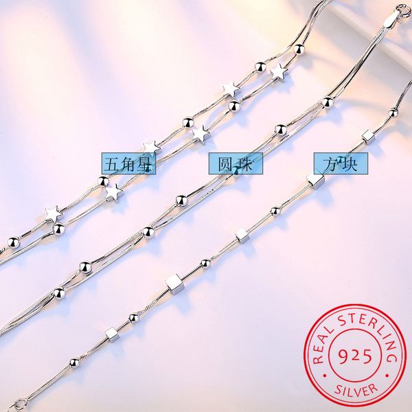 

lovely star cube beads charm bracelets sign 925 silver metal double-deck link chain female models women jewelry trinket anklets, Golden;silver
