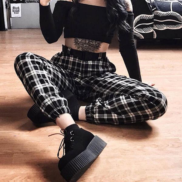 

small plaid nine pants chic wild high waist tie women vintage port style casual pants female gothic punk chic girl trousers, Black;white