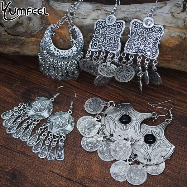 

yumfeel bohemian vintage silver earrings metal coin drop earrings women jewelry gifts