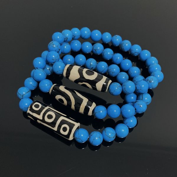 

natural tibetan dzi agates bracelets healing jewelry buddha prayer nine-eyed agat stone synthetic blue turquoises bracelets male, Golden;silver