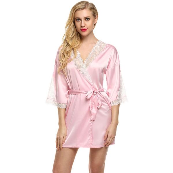 

women loose 3/4 sleeve hollow lace patchwork solid short satin robe, Black;red