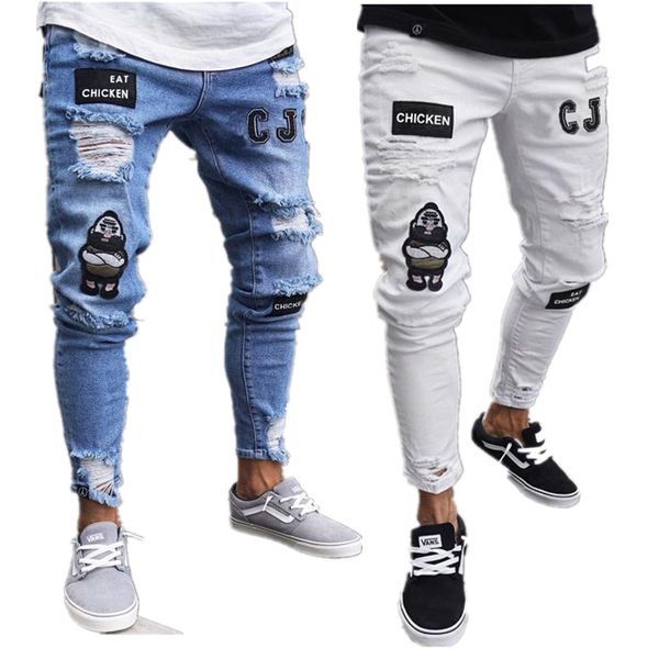 

2019 selling stretchy torn thin bike-embroidered printed jeans ruin holes stick fit denim scrape jeans, Blue