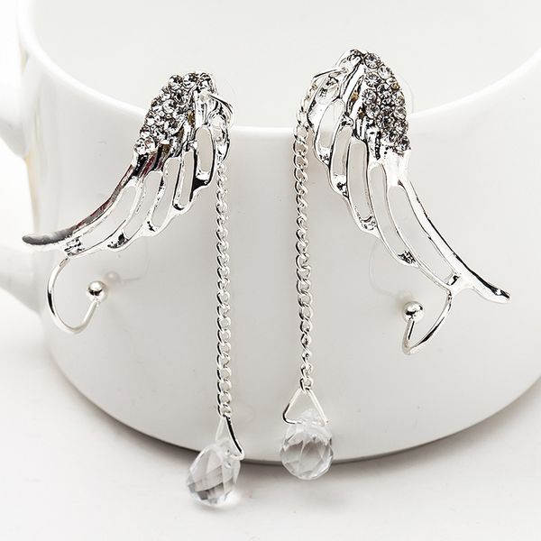

kyushu sky city celebrity style water droplet ear stud angel wings crystal long earrings pierceless-clip-on, Silver