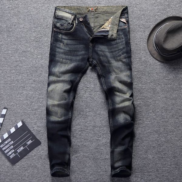 

italian style fashion men jeans retro black blue slim fit scratch ripped jeans men pants streetwear vintage homme