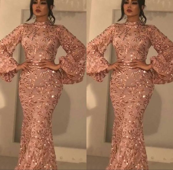 

2021 new bling mermaid prom dresses new arabic high neck long sleeves sequins blush pink sequined plus size formal party evening gowns, Black