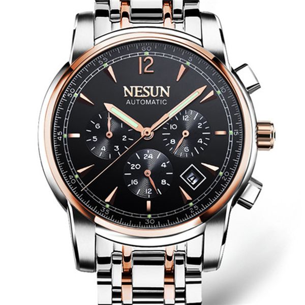 

nesun new casual sports watch men's brand stainless steel automatic mechanical watch fashion luminous waterproof watches2020, Slivery;brown