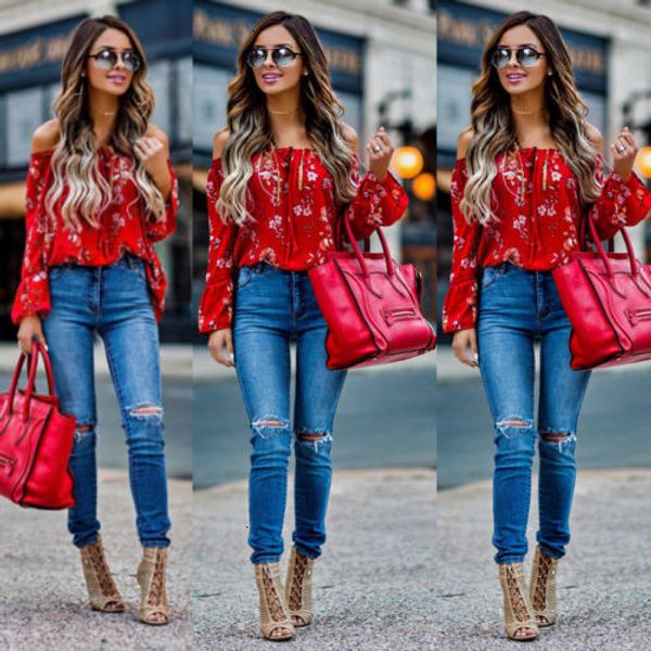 

blouse woman women women new off shoulder red floral autumn long sleeve cap sleeve shirt casual blouse loose crop, White