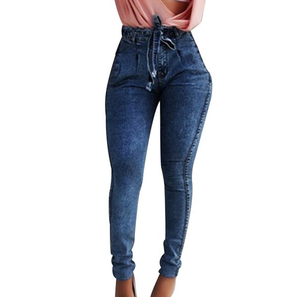 

ladies elastic slim fringe belt high waist jeans casual fashion jeans bmf88, Blue