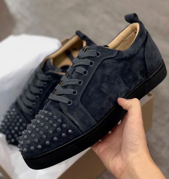 

new red bottom spikes flat veau velours designer sneakers men trainers 100% genuine leather low cut men women party shoes wedding shoes lll, Black