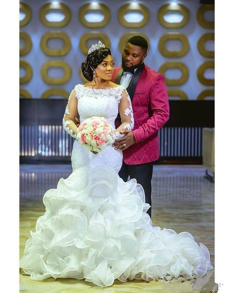 

2020 scoop кружева аппликации русалка свадебные платья длинные sleeevs многоуровневое плюс размер свадебные платья african сшитое, White