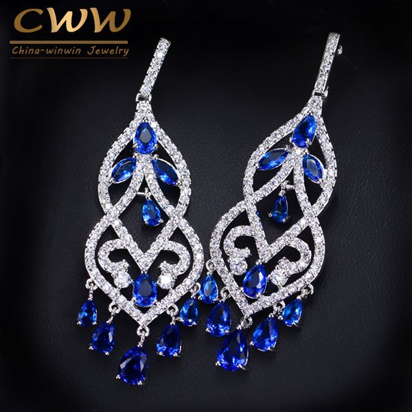 

cwwzircons european blue cubic zirconia crystal tassel dangle drop long chandelier earring wedding prom jewelry for women cz116, Golden