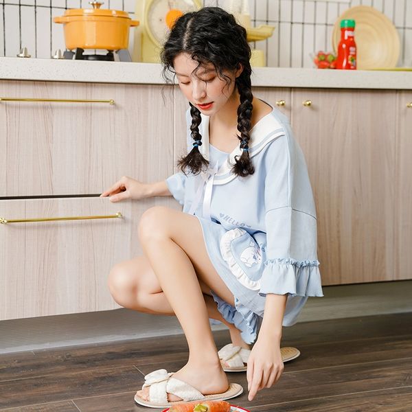 

fjivr pajamas women's cotton short-sleeved fresh girls' cartoon autumn cotton thin two-piece pajama cotton-padded cotton-padded cl, Blue;red