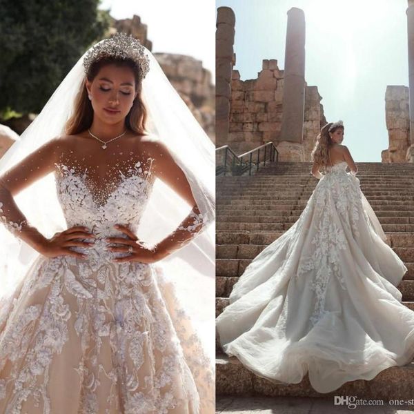 2020 Arabische Kristallperlen A-Linie 3D-Spitze Blumen Brautkleider Luxus Lange Ärmel Saudi-Arabien Dubai Plus Size Brautkleid