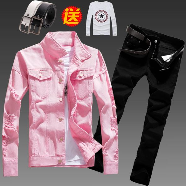 

new halozeroo men's denim jacket jeans pants pink coat black white blue trousers 2 pieces set casual style holes on sleeves a20, Gray