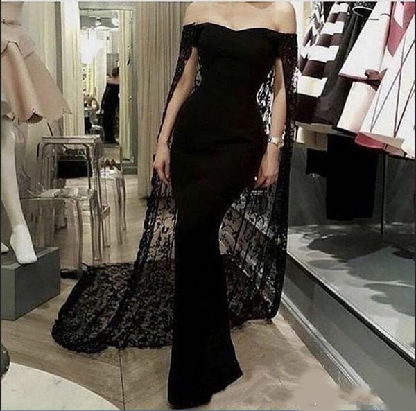 

black mermaid evening dresses with cape off the shoulder satin lace saudi arabic formal red carpet dress floor length prom gowns, Black;red