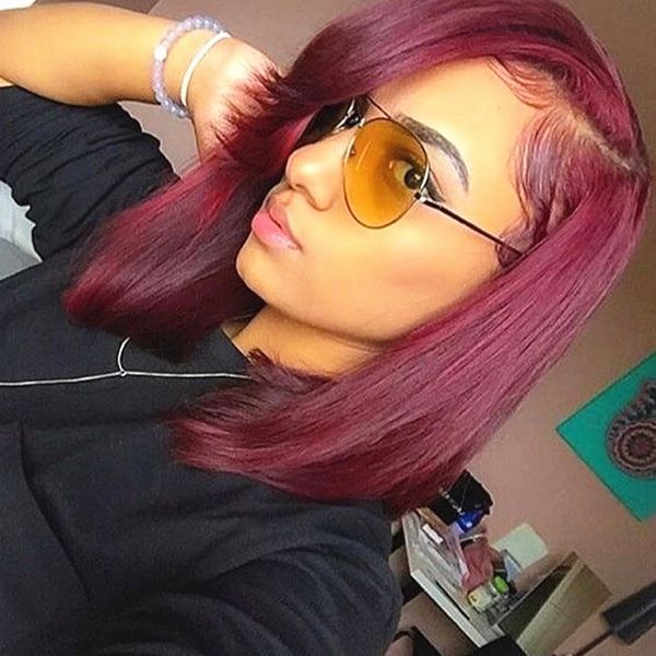

13x6 lace front human hair wigs with bangs pre plucked brazilian glueless short bob 370 lace frontal wigs 99j remy burgundy, Black;brown
