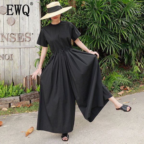 

ewq] 2019 summer new korean style round neck short-sleeved jumpsuit fashion trend cotton wide-leg pants loose trend women qg934, Black;white