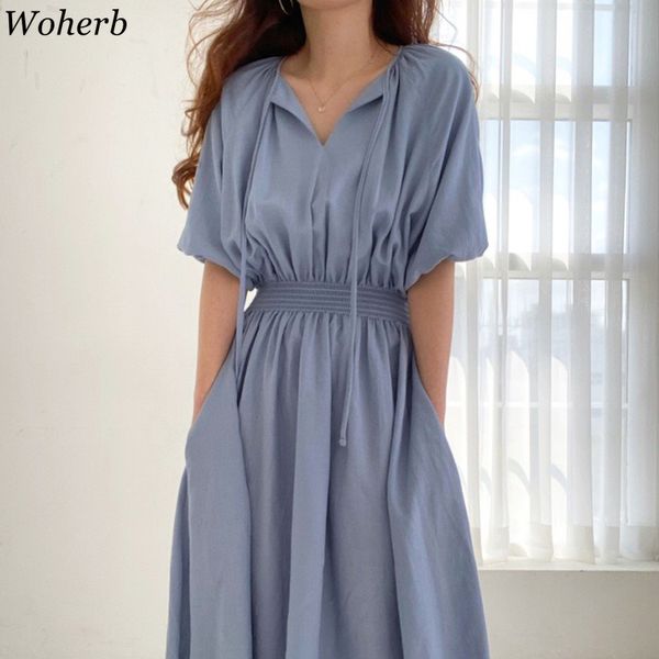 

woherb women dress 2020 summer korean new retro all match v-neck high waist dresses female lantern sleeve casual loose vestidos, Black;gray