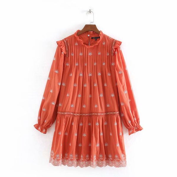 

new women elegant long sleeve hollow out embroidery ruffles mini dress ladies press pleated vestidos chic casual dresses ds3498, Black;gray