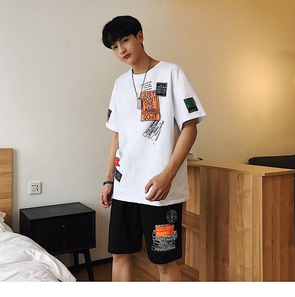 

street wear o-neck pattern japan style cotton short mens jogger sets tracksuit for men 2 pieces set streetwear work clothes men, Gray