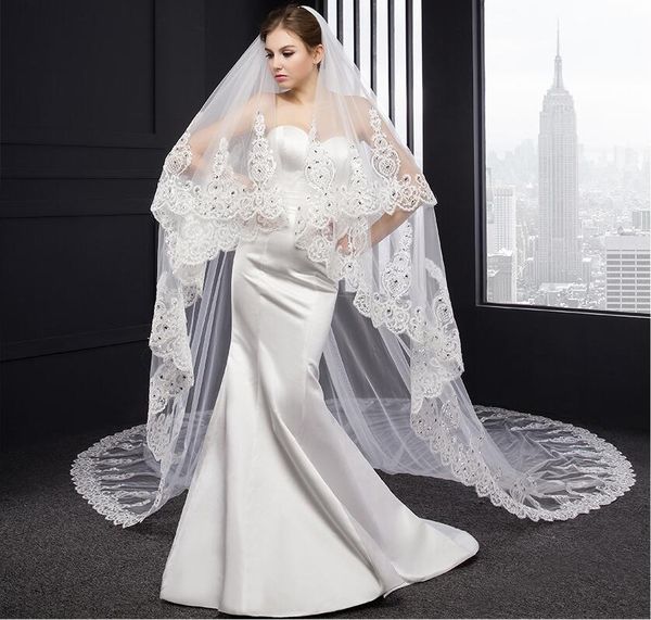 

3m long wedding veils soft tulle two layers lace bridal veils custom made appliqued edge crystal veil for wedding dress ing, Black