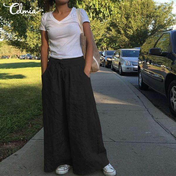 

celmia women linen casual office wide leg pants 2020 solid pockets high waist long trouser loose pantalon pant plus size female, Black;white