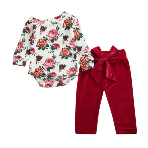 

toddler baby girls kids clothing off shoulder flower long sleeve romper + velvet solid pants clothes set 0-24m, White