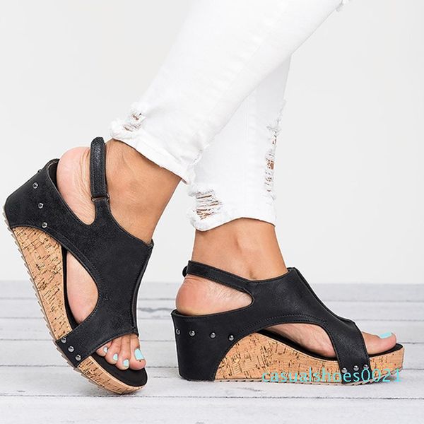 

women summer gladiator flat platform wedge heels sandals female clogs hook loop peep toe ladies party shoes for girls footwear c21, Black
