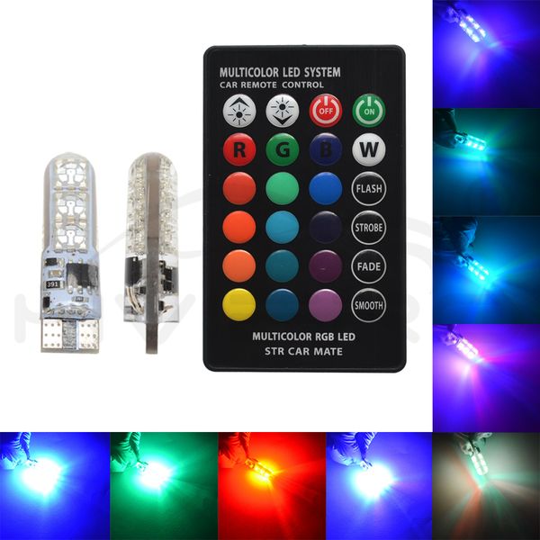 

2x t10 silica gel rgb w5w led with remote controller rgbw 501 194 168 6smd 5050 strobe car wedge side light dc 12v car bulbs