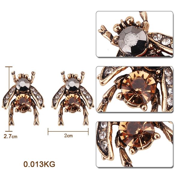 

wholesale-fashion luxury designer exaggerated cute lovely crystal bee insects animal stud earrings for woman, Golden;silver