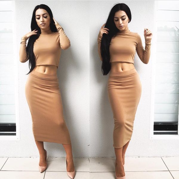 

2020 long sleeve high collar two-piece dress 5 color 4 size, White;black