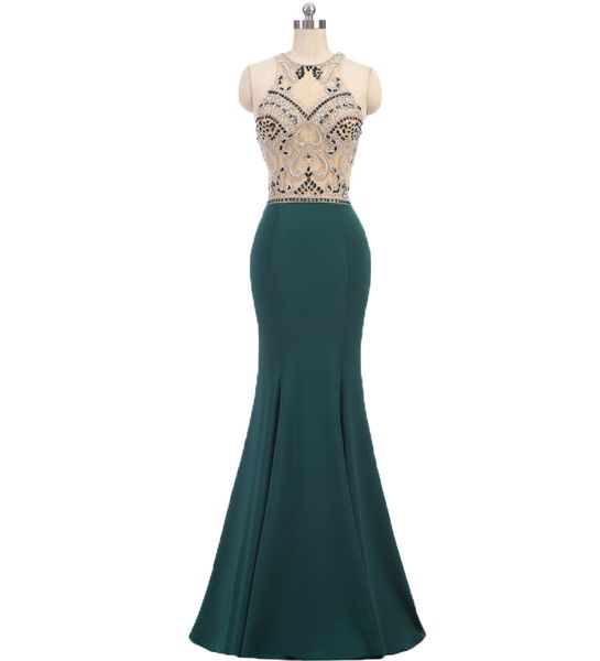 

luxury hunter green evening dresses jewel neck sleeveless mermaid beaded formal red carpet celebrities prom party dress robes de soirÃ©e, Black;red