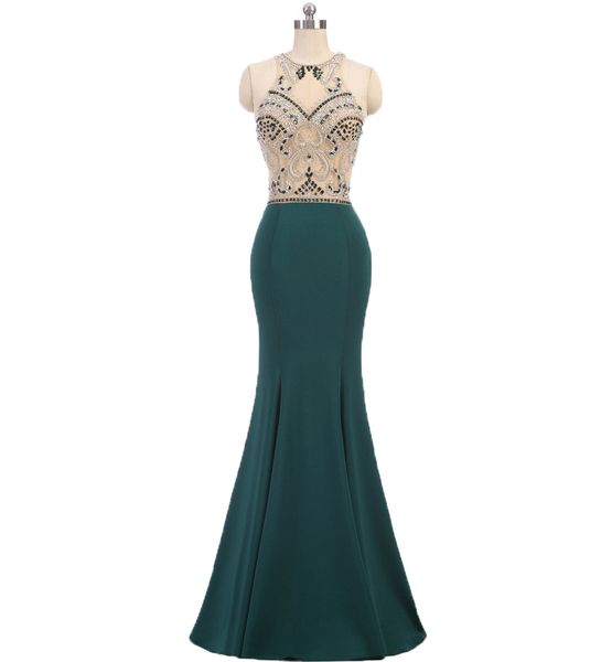 

Luxury Hunter Green Evening Dresses Jewel Neck Sleeveless Mermaid Beaded Formal Red Carpet Celebrities Prom Party Dress robes de soirée