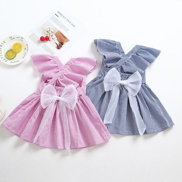 Meninas Bebê Stripe Dress Crianças V-Pescoço Bow Voar Sleeve Princesa Vestidos 2019 Verão Moda Boutique Kids Roupas 3 Cores C6113