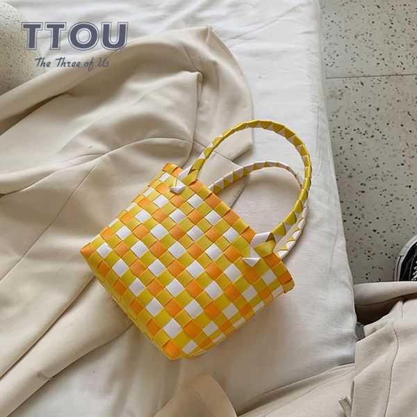 

new knitting plaid women handbags fashion design female shopping totes bags quality ladies vacation woven shoulder bags