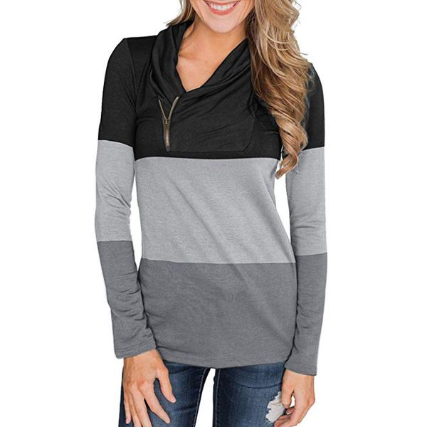 

womens foldover collar zipper casual patchwork sweatshirts lady leisure long sleeve color block pullover streetwear hoodies, Black