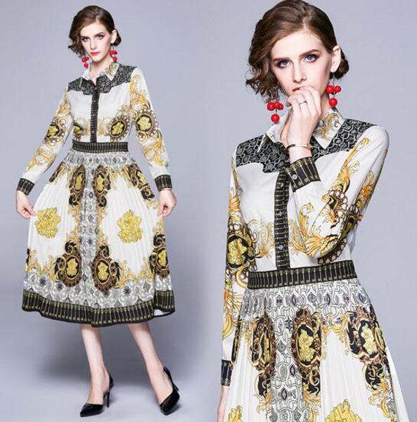 

autumn new retro french print long sleeve waist pleated midi skirt, Black;gray