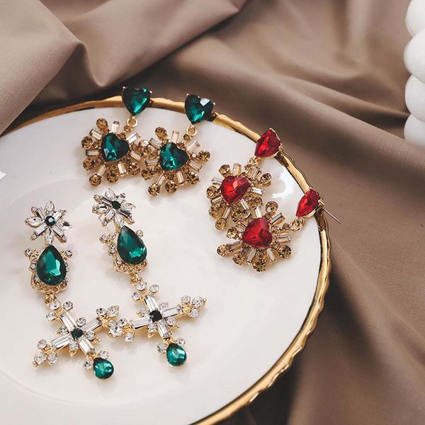 

new korean version geometric green red crystal pendant earrings personality long rhinestone earrings elegant for women jewelry, Silver