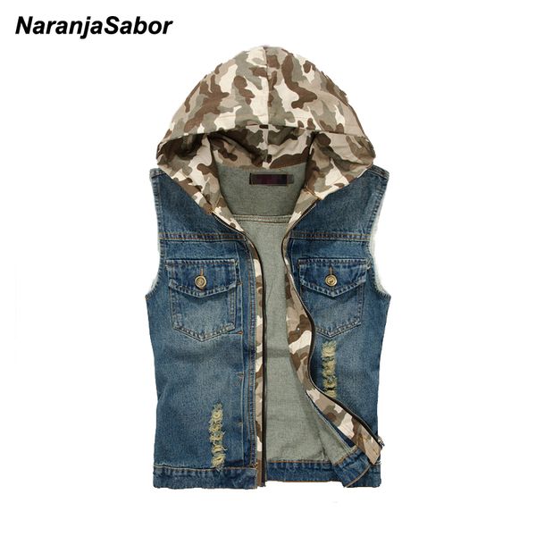 

naranjasabor 2018 spring mens denim vests casual jeans hooded jackets camouflage sleeveless coats waistcoat mens brand clothing, Black;white